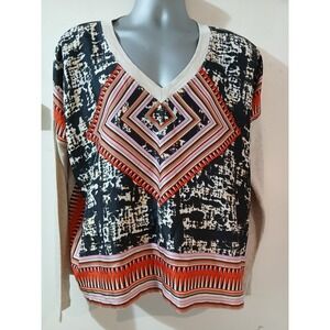 Cabi Women's Size S Long Sleeve V Neck Geometric Print Tunic Top Beige Black